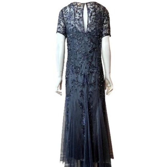 Adrianna Papell Women Beaded Gown Maxi Dress Back Keyhole Short Sleeve Blue SZ 4 - Picture 2 of 8